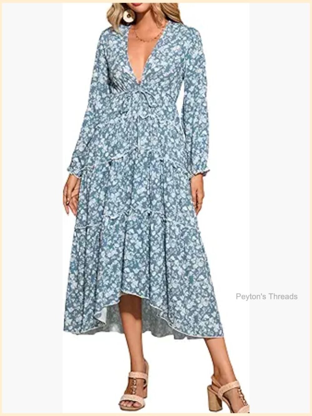 Boho Floral Long Sleeve Midi Dress with Pockets
